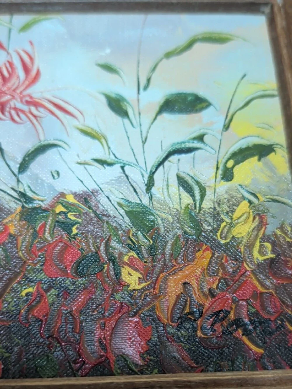Vintage Framed Floral Canvas Art Paintings Pair Red Green Flowers Nature Signed